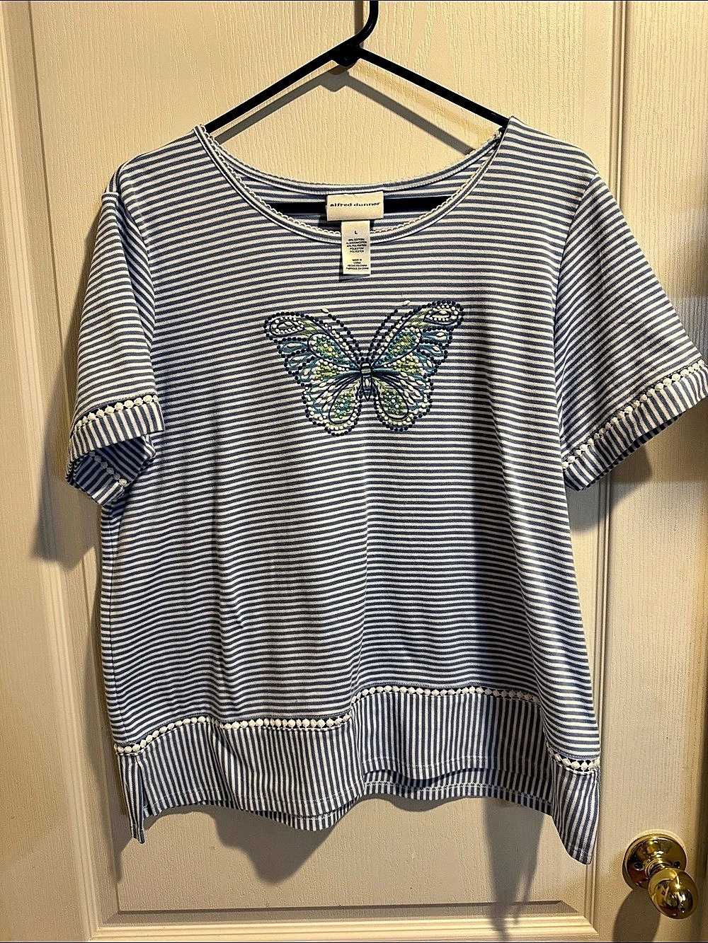 alfred dunner Striped Butterfly Top in Blue & White Large Like New